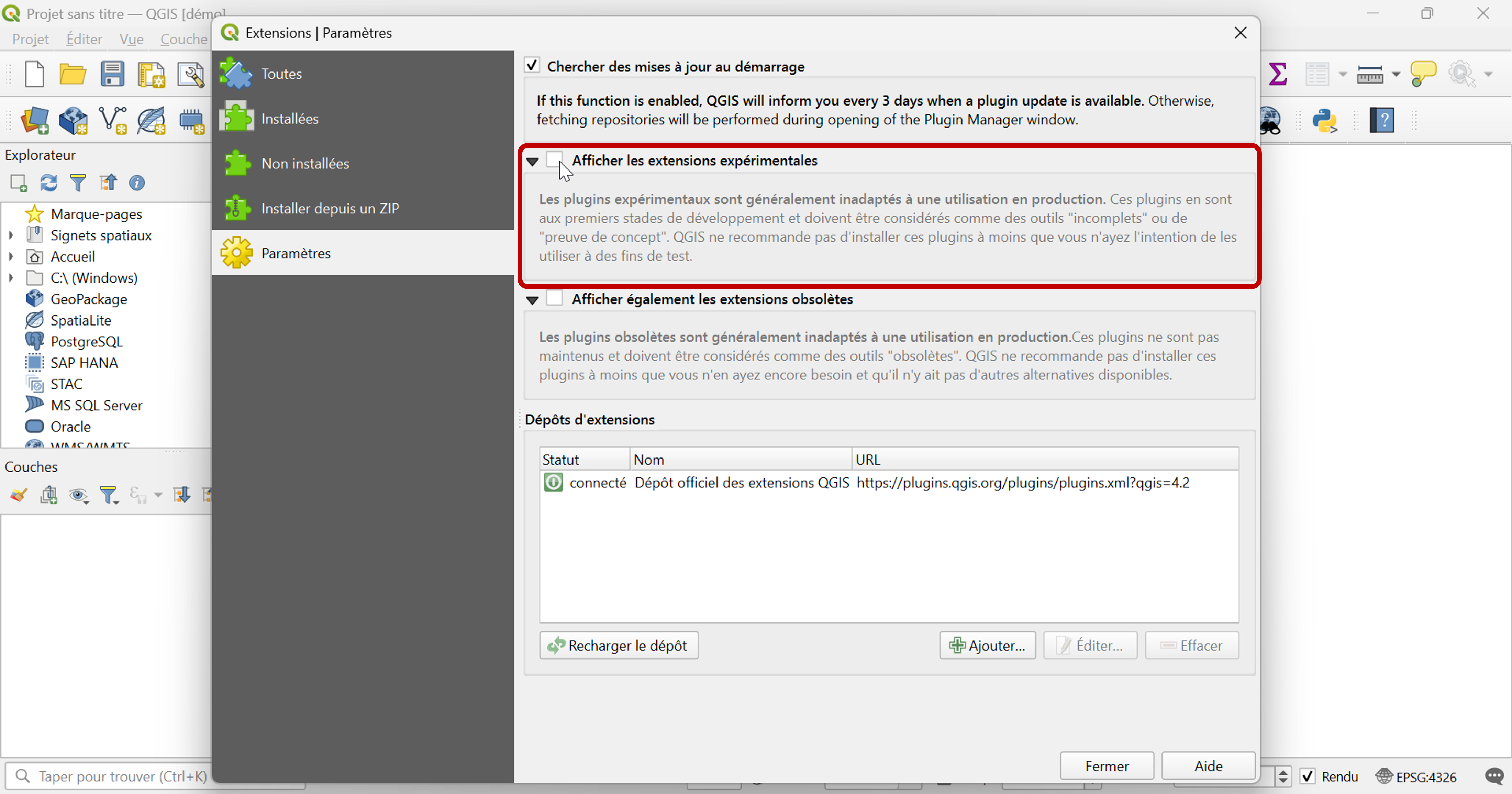 Activer les extensions expérimentales